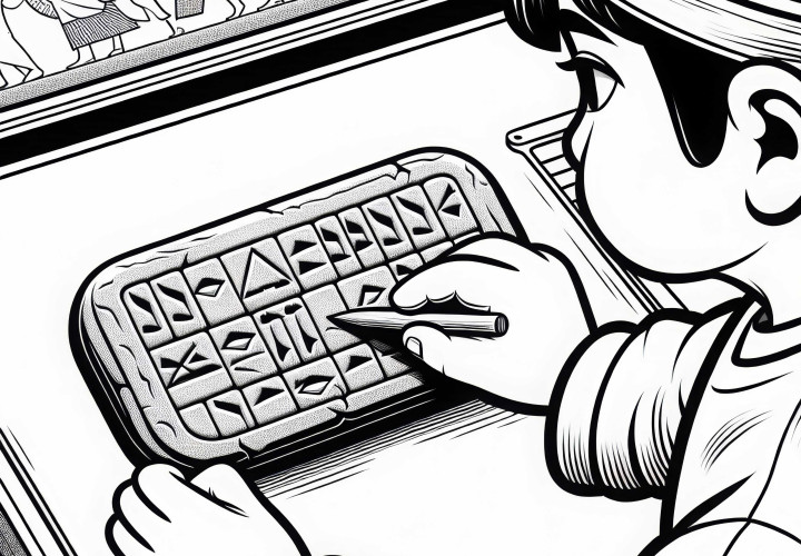 Child presses cuneiform symbols into a clay tablet with a wooden stick - Coloring page Mesopotamia free