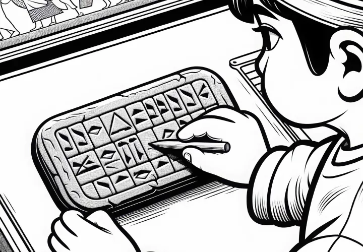 Barn trykker kileskrifttegn inn i en leireplate med en trebjelke – fargelegge-bilde Mesopotamia gratis