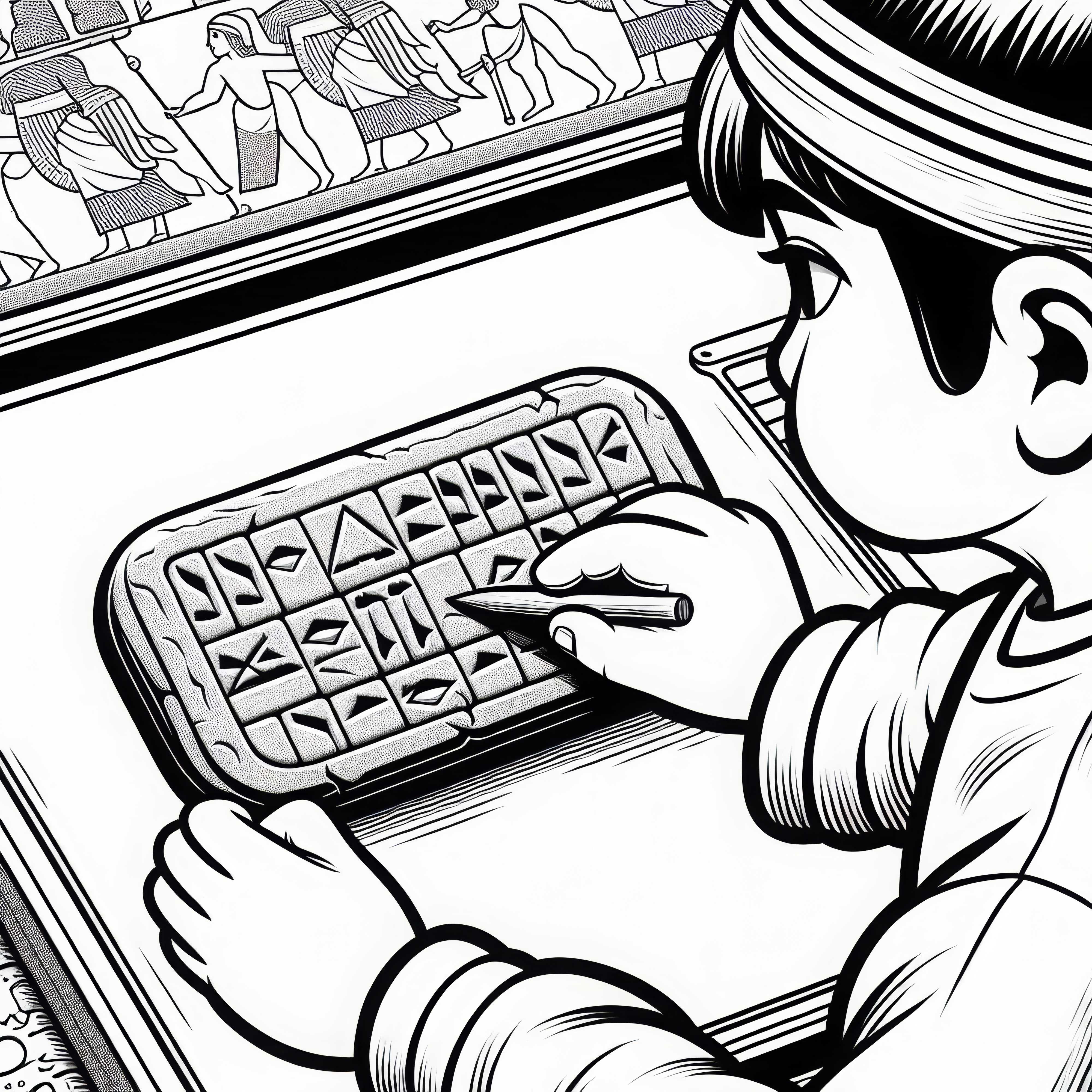 Child presses cuneiform characters with a wooden stick into a clay tablet - coloring page Mesopotamia free of charge Child presses cuneiform characters into a clay tablet with a wooden stick - coloring page Mesopotamia for free
