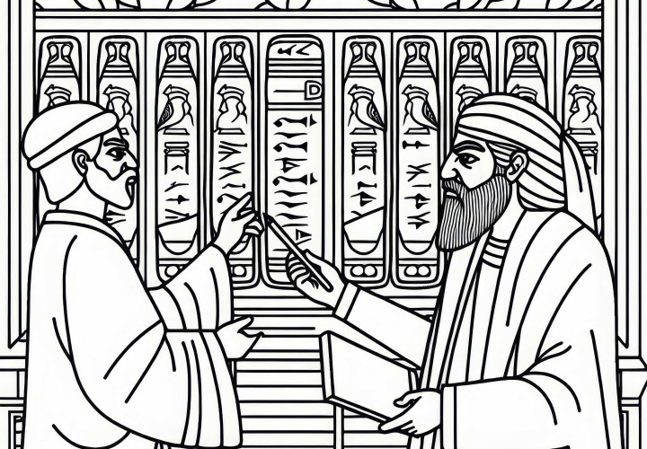 Lärare förklarar med lertavlor lagregel färgläggningsbild Mesopotamien gratis