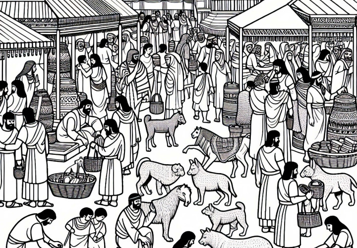 Marknad med människor och djur målarbok Mesopotamien gratis