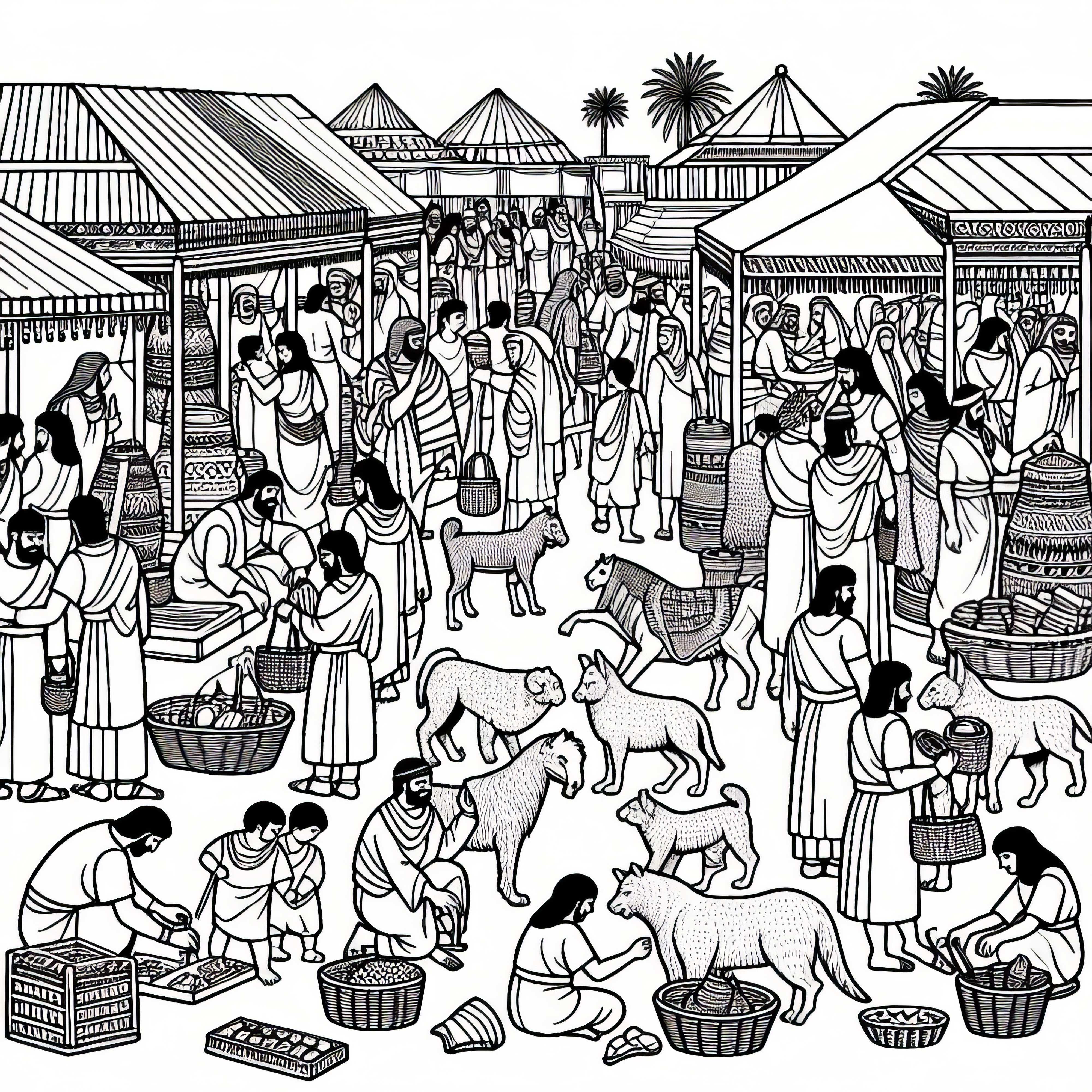 Market with people and animals coloring template Mesopotamia free Market with people and animals coloring page Mesopotamia free