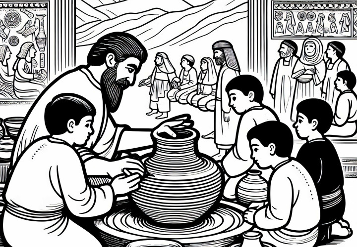 Barn observerar hantverkare som tillverkar keramik – Målarbild Mesopotamien gratis