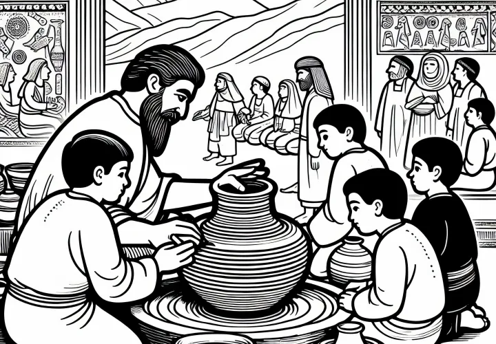 Barn ser på håndverkere som lager keramikk – Malebilde Mesopotamia gratis