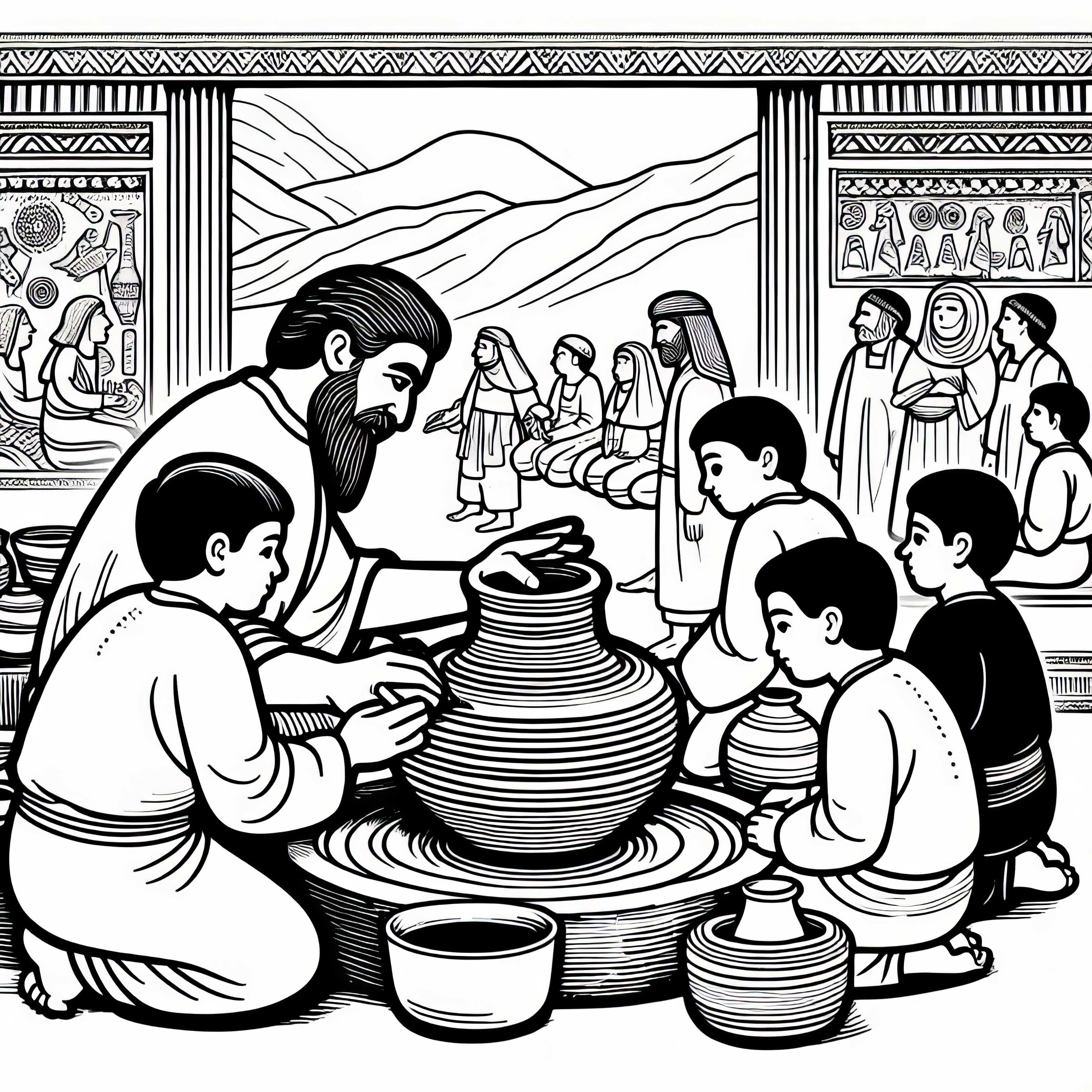 Children watch craftsmen making pottery – Coloring page Mesopotamia free Children observe craftsmen making ceramics – Free coloring page Mesopotamia