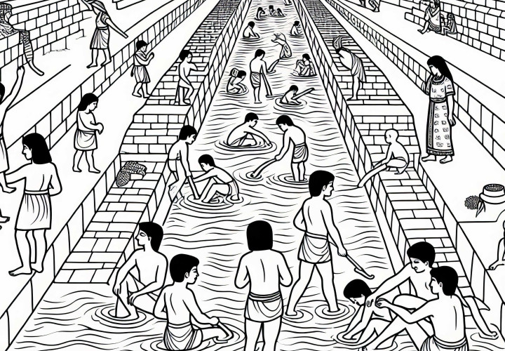 Vattendrag och barn som leker med vatten – Målarbild Mesopotamien gratis