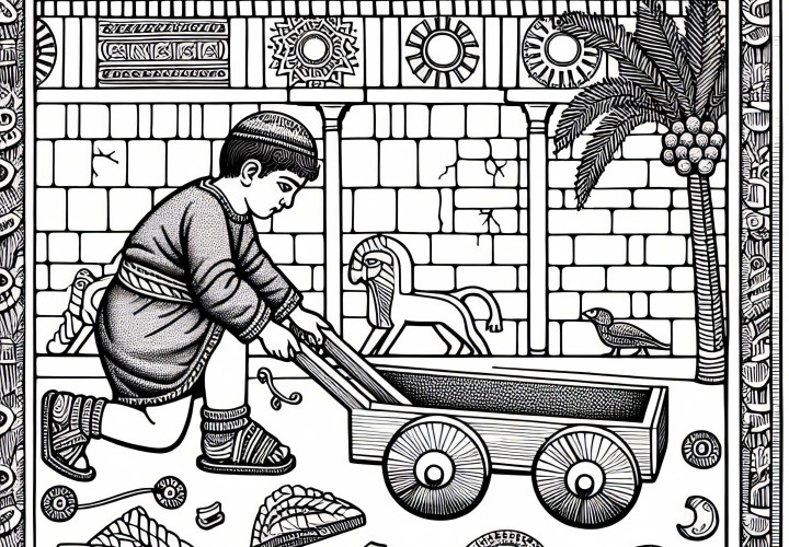 Barn leker med vagn med träfälgar – Målarbild Mesopotamien gratis