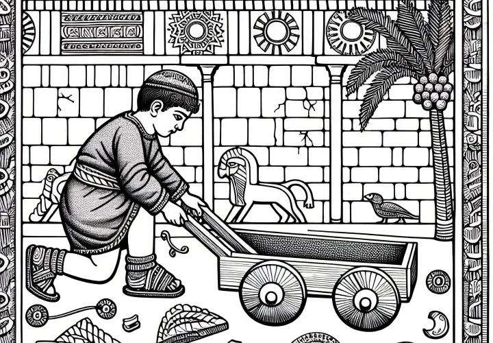 Barn leker med vogn med hjul av tre – Fargeleggingsbilde Mesopotamia gratis
