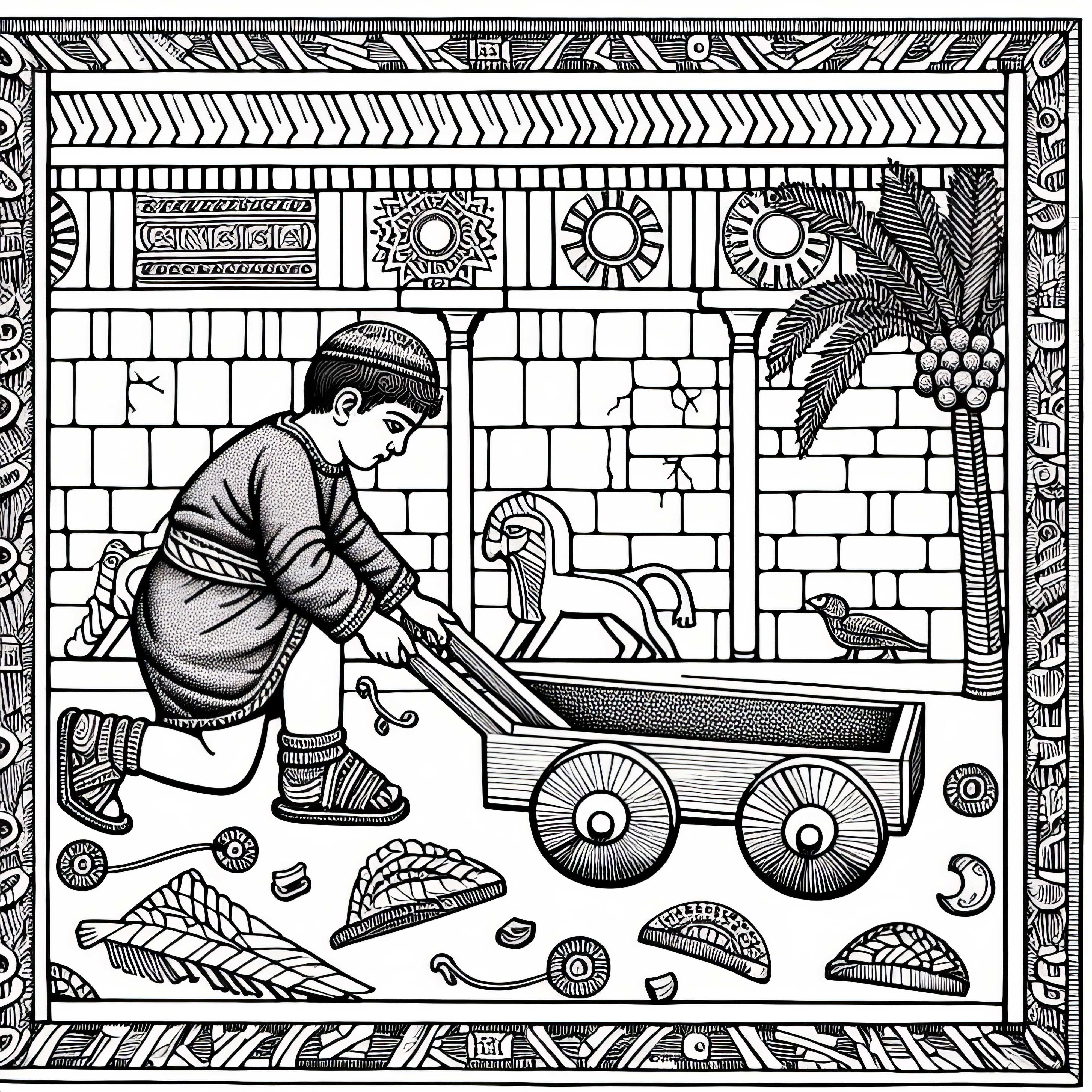 Child playing with a cart with wooden wheels - Coloring page Mesopotamia free Child playing with a cart with wooden wheels – Coloring page Mesopotamia free