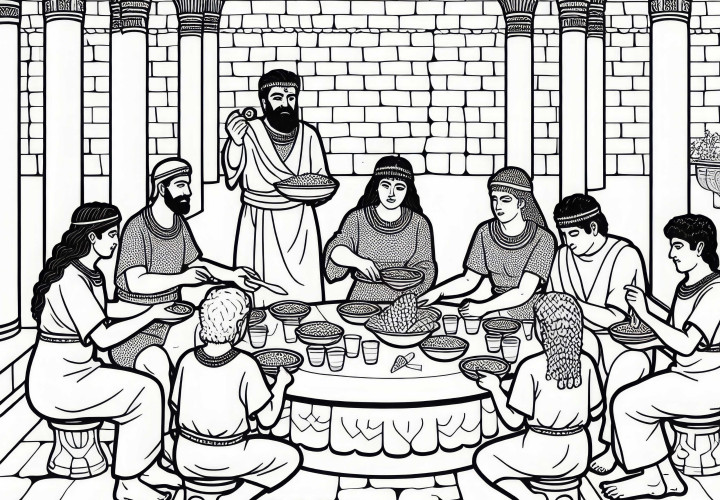 Familj äter tillsammans i en öppen innergård – Målarbild Mesopotamien gratis