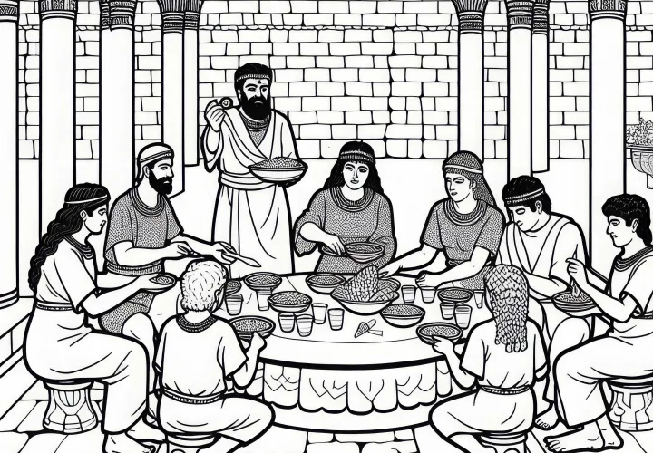 Familien spiser sammen i en åpen bakgård – Malebilde Mesopotamia gratis