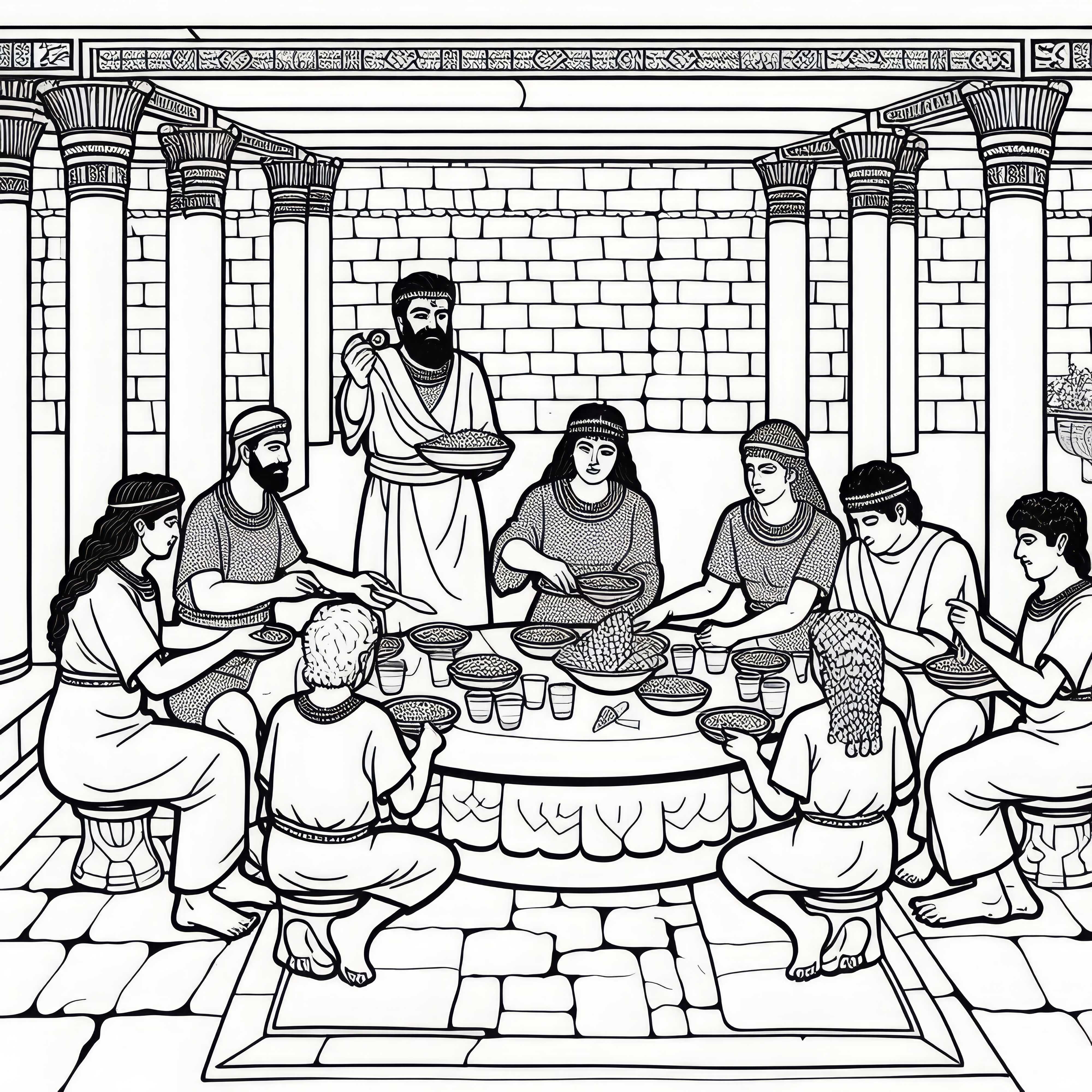 Family eats together in an open courtyard - coloring page Mesopotamia free Family eats together in open courtyard – Free coloring page Mesopotamia
