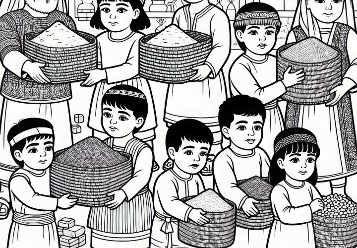Barn hjälper till att bära små korgar – Målarmall Mesopotamien gratis