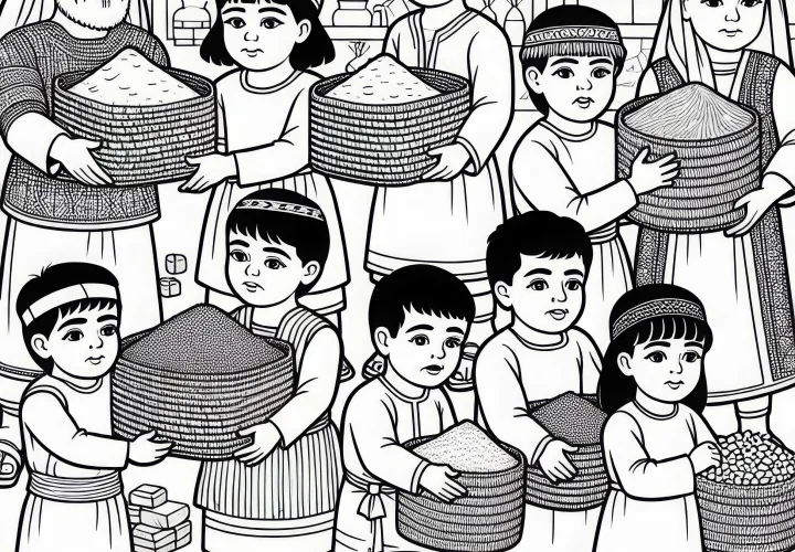 Barn hjelper til med å bære små kurver – fargeleggingsmal Mesopotamia gratis