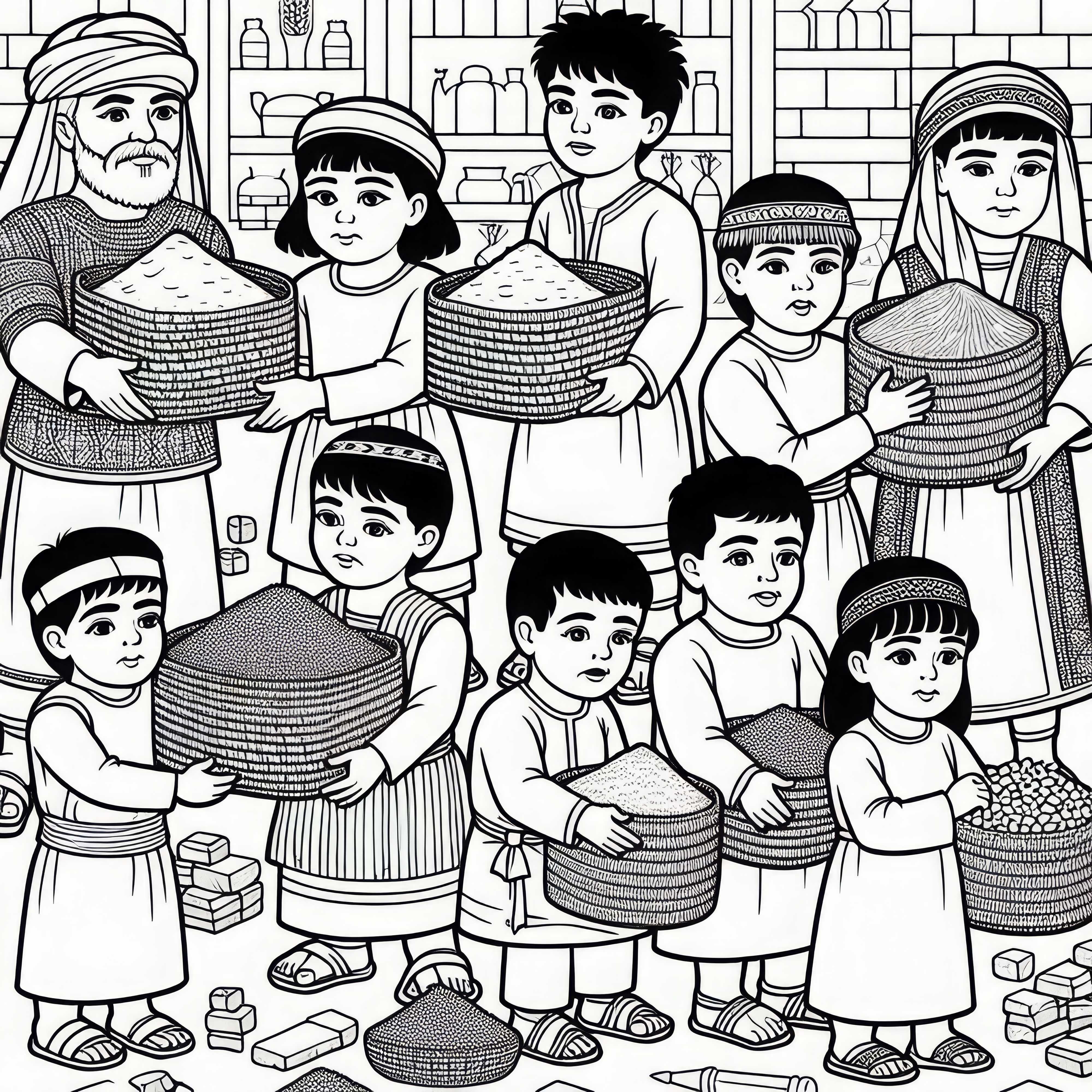 Children help carry small baskets - Free coloring page Mesopotamia Children help carry small baskets - Free coloring page Mesopotamia