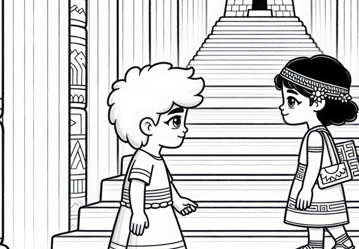Två barn springer uppför trappan till Zikkurattemplet – färgläggningssida Mesopotamien gratis