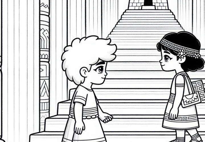 To barn løper opp trappen til ziggurat-tempelet – fargeleggingsark Mesopotamia gratis