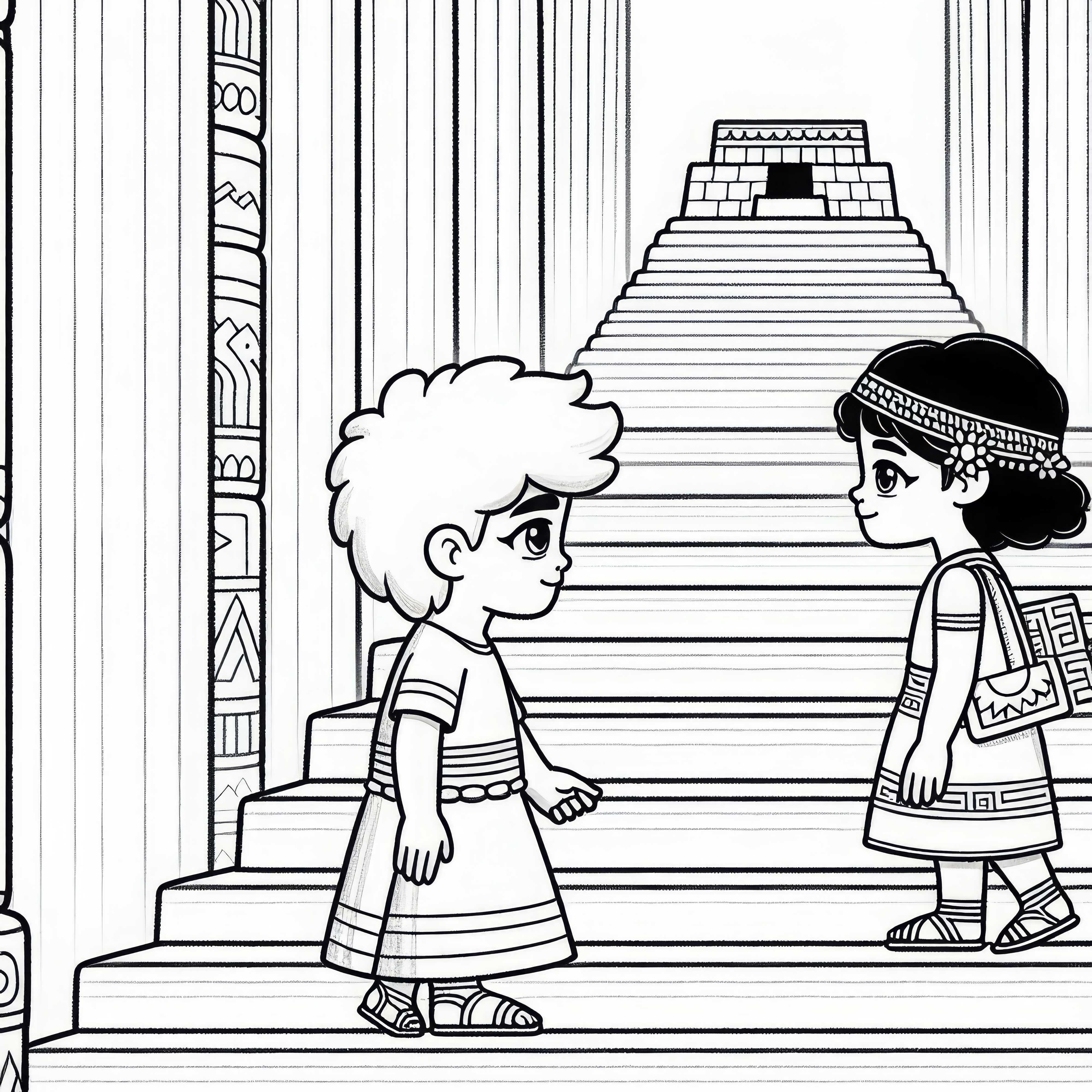Two children are climbing the stairs to the ziggurat temple – free coloring page Mesopotamia Two children are climbing the stairs to the ziggurat temple – free coloring page Mesopotamia