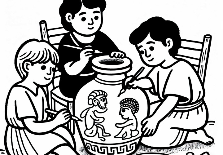 Children paint figures on clay plates – Free coloring template Ancient Greece
