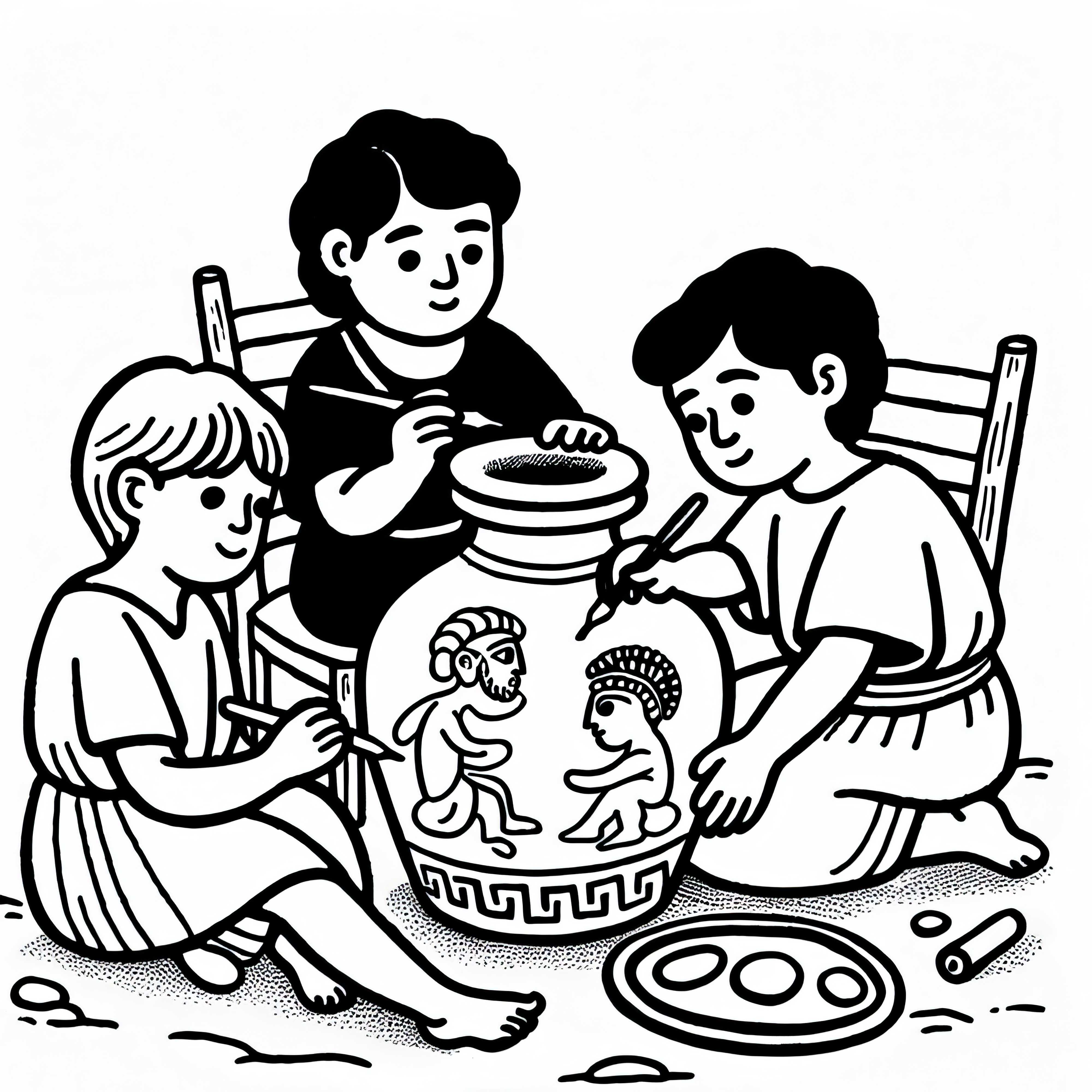 Children paint figures on clay plates - Free coloring template Greek Antiquity