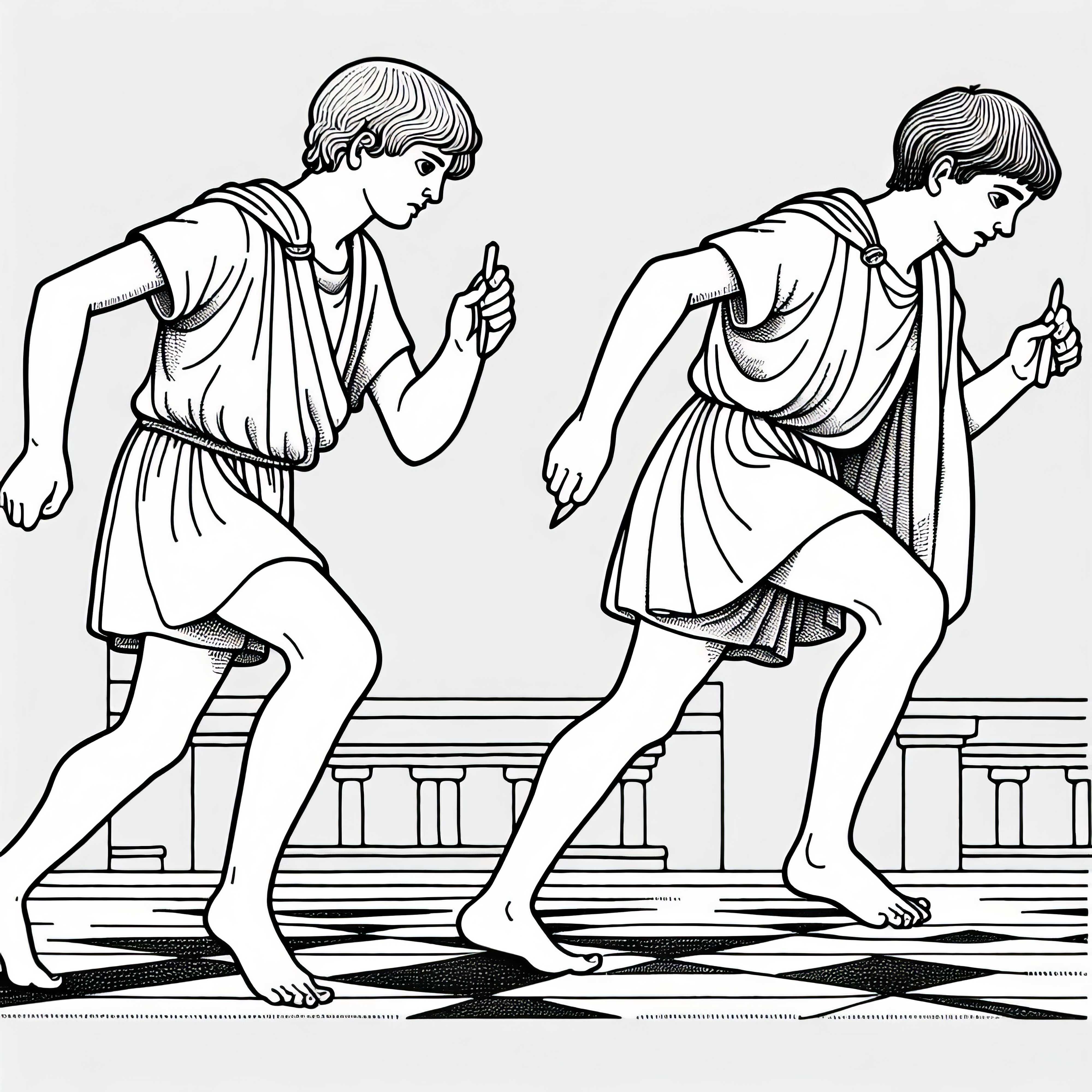 Two boys are running barefoot in a race: Coloring page Greek Antiquity free