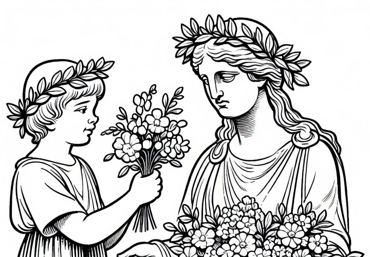 Child brings flowers to statue of Athena – Free coloring page Greek Antiquity