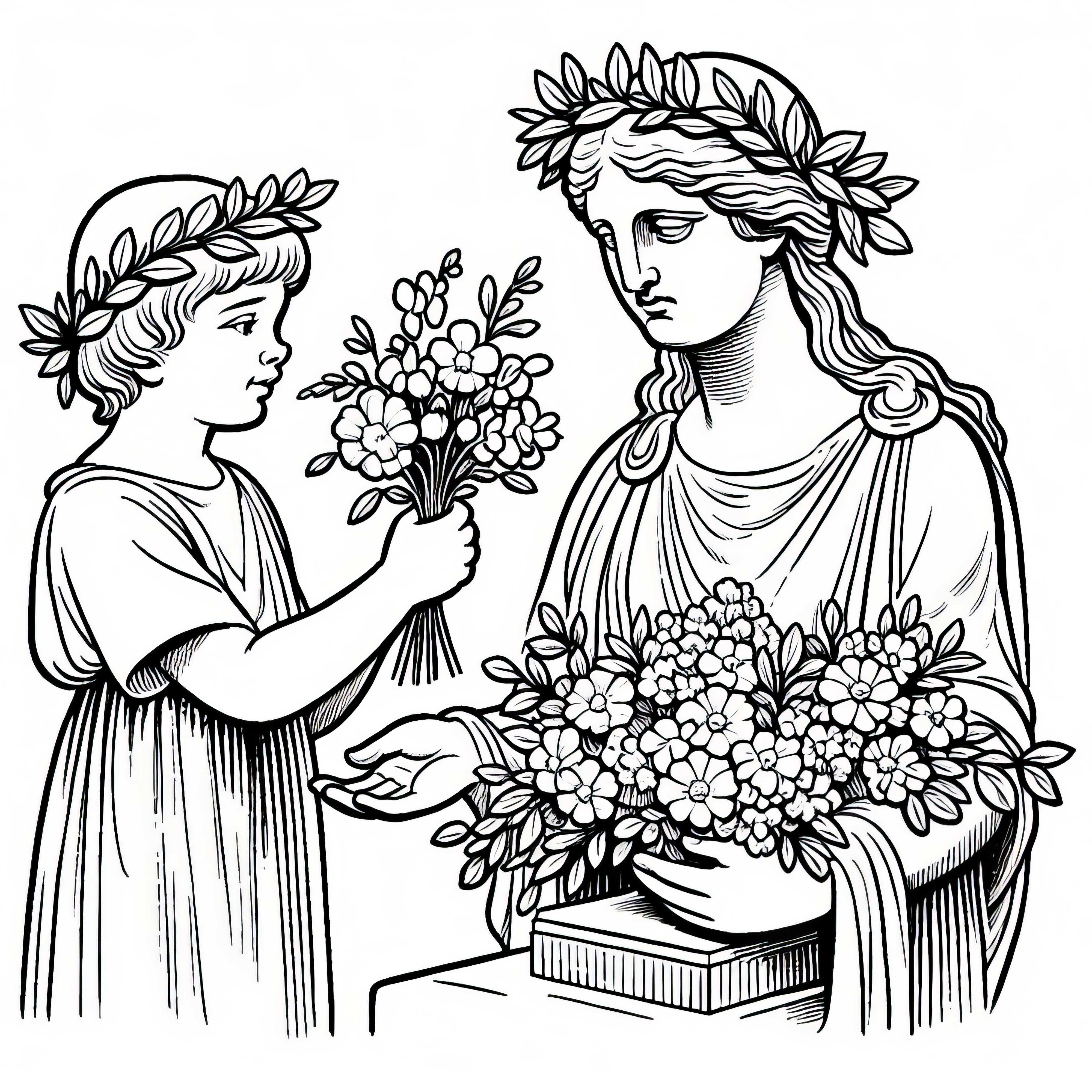 Child brings flowers to statue of Athena – coloring picture Greek Antiquity free