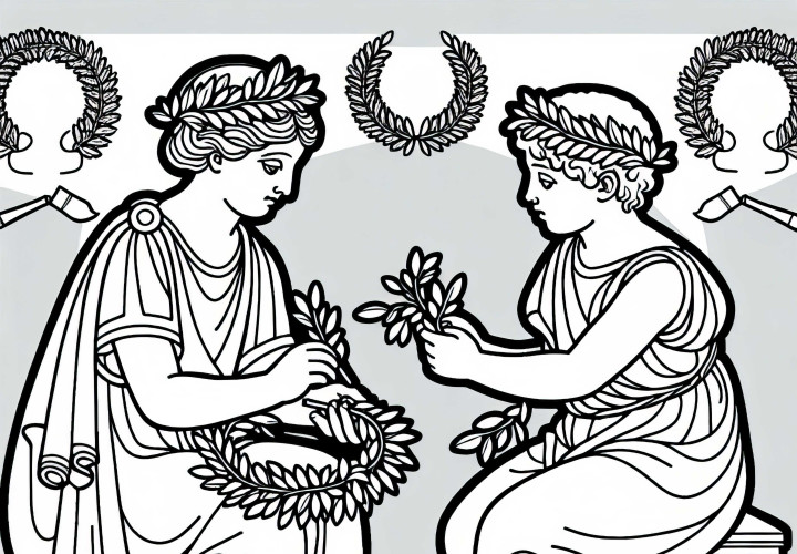 Two children are making laurel wreaths coloring page Greek antiquity free