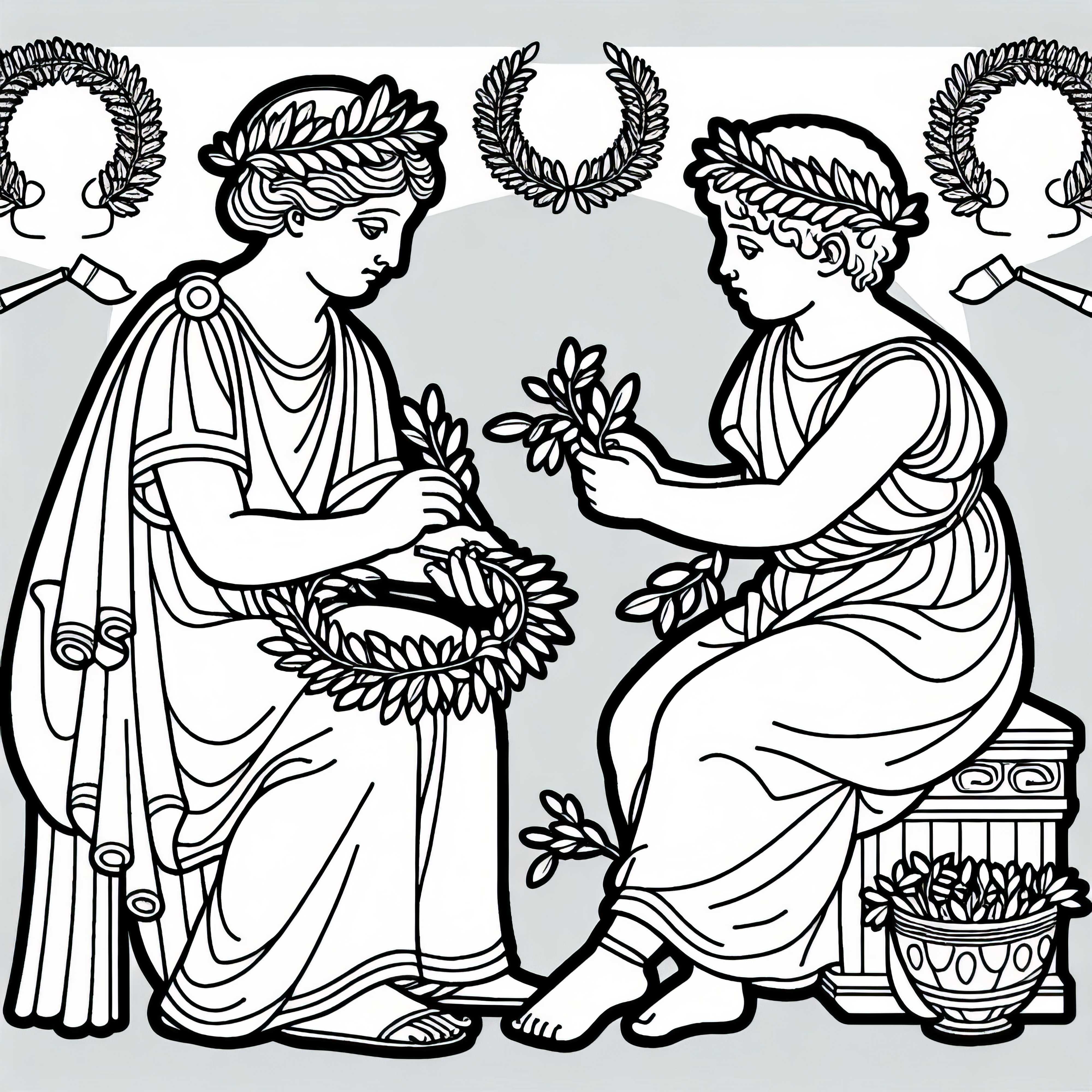 Two children are crafting laurel wreaths coloring page Ancient Greece free