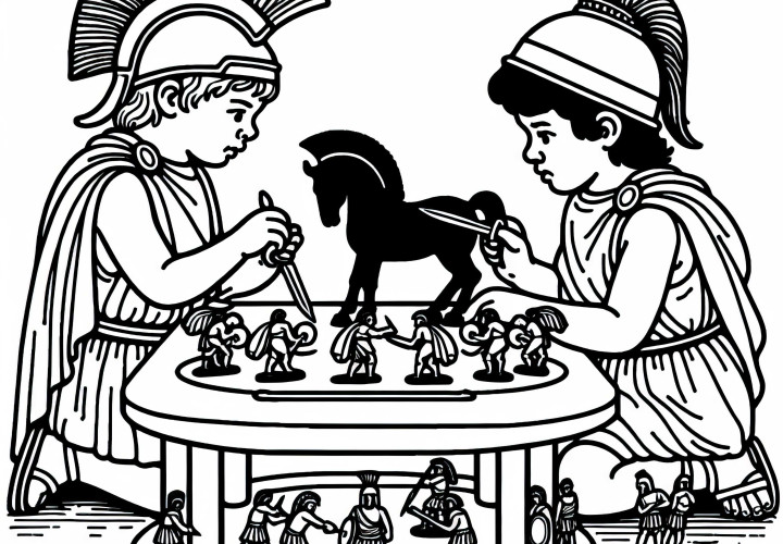 Two children reenact a scene from the Trojan War with figures based on a coloring template of Ancient Greece