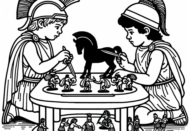 Два ребенка recreируют сцену из Троянской войны с персонажами по раскраске Древней Греции