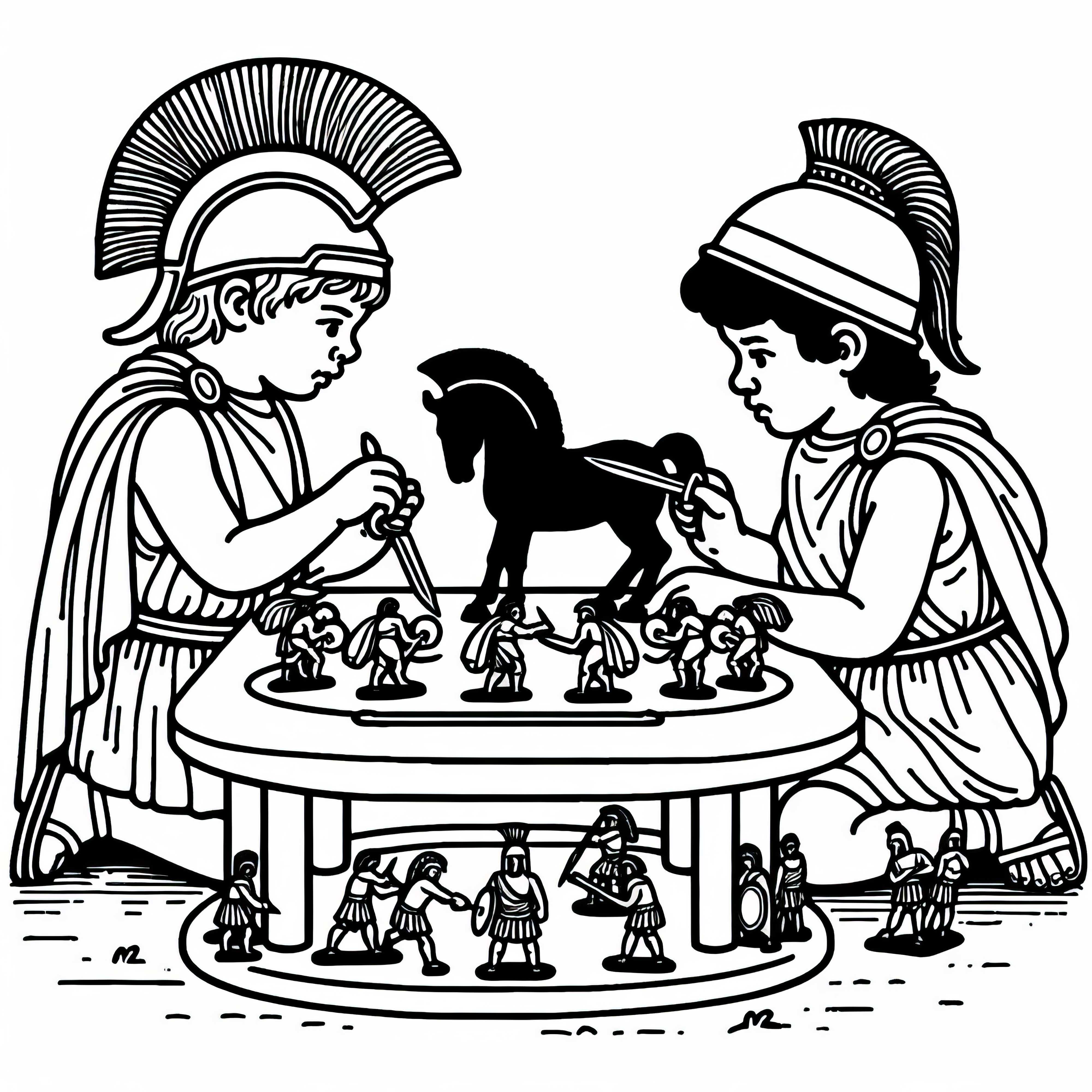 Two children reenact a scene from the Trojan War with figures based on a coloring template of Ancient Greece