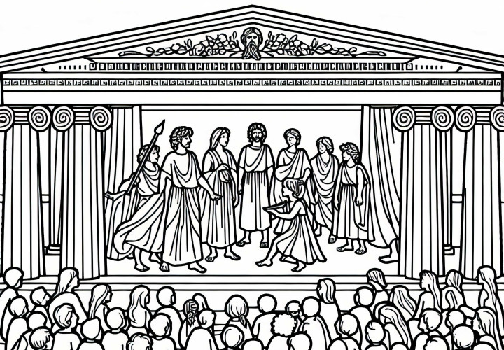 Children at the theater play in open-air stage coloring page Greek antiquity free