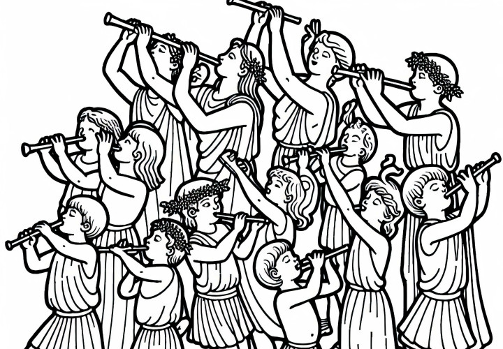Children and adults celebrate at a music festival with flutes and dances – Coloring page Greek Antiquity
