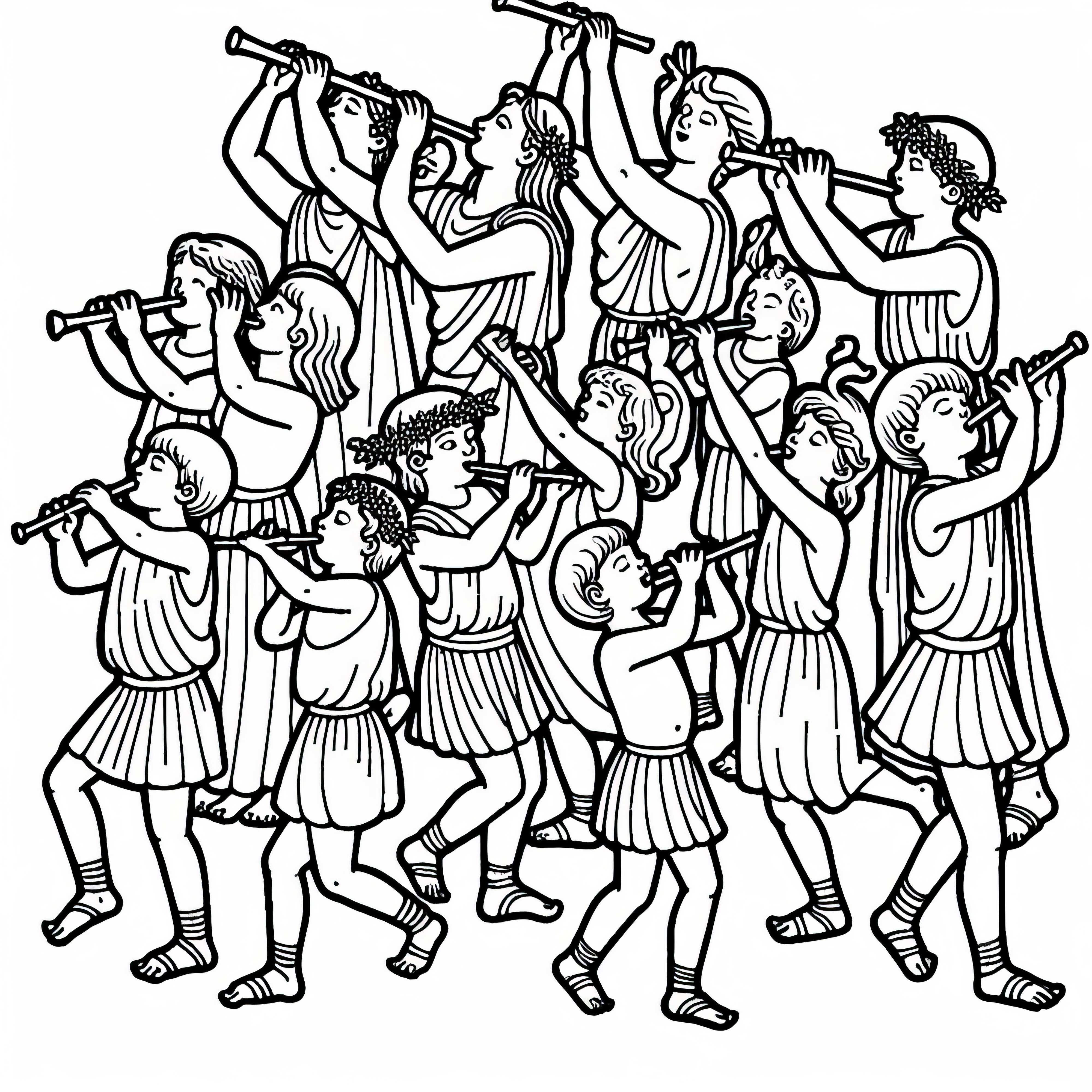 Children and adults celebrate at the music festival with flutes and dances – Coloring page Greek Antiquity