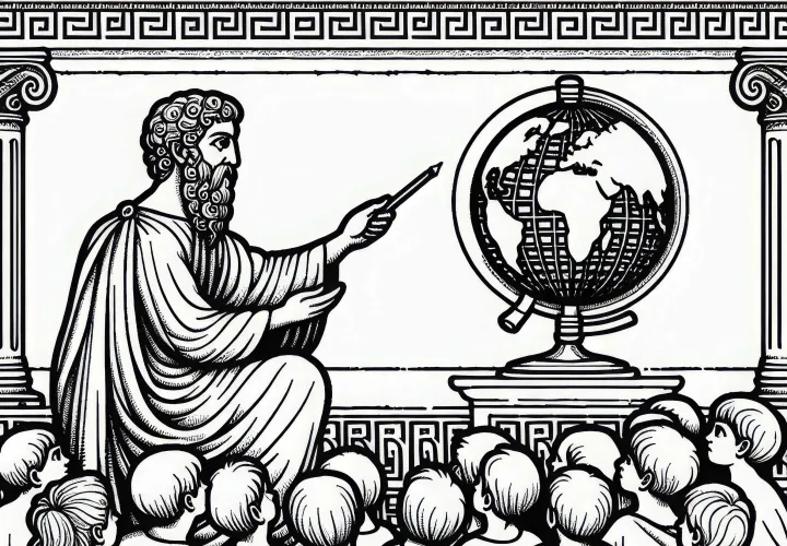 Философ объясняет любопытным детям с помощью глобуса картину мира – раскраска Древней Греции