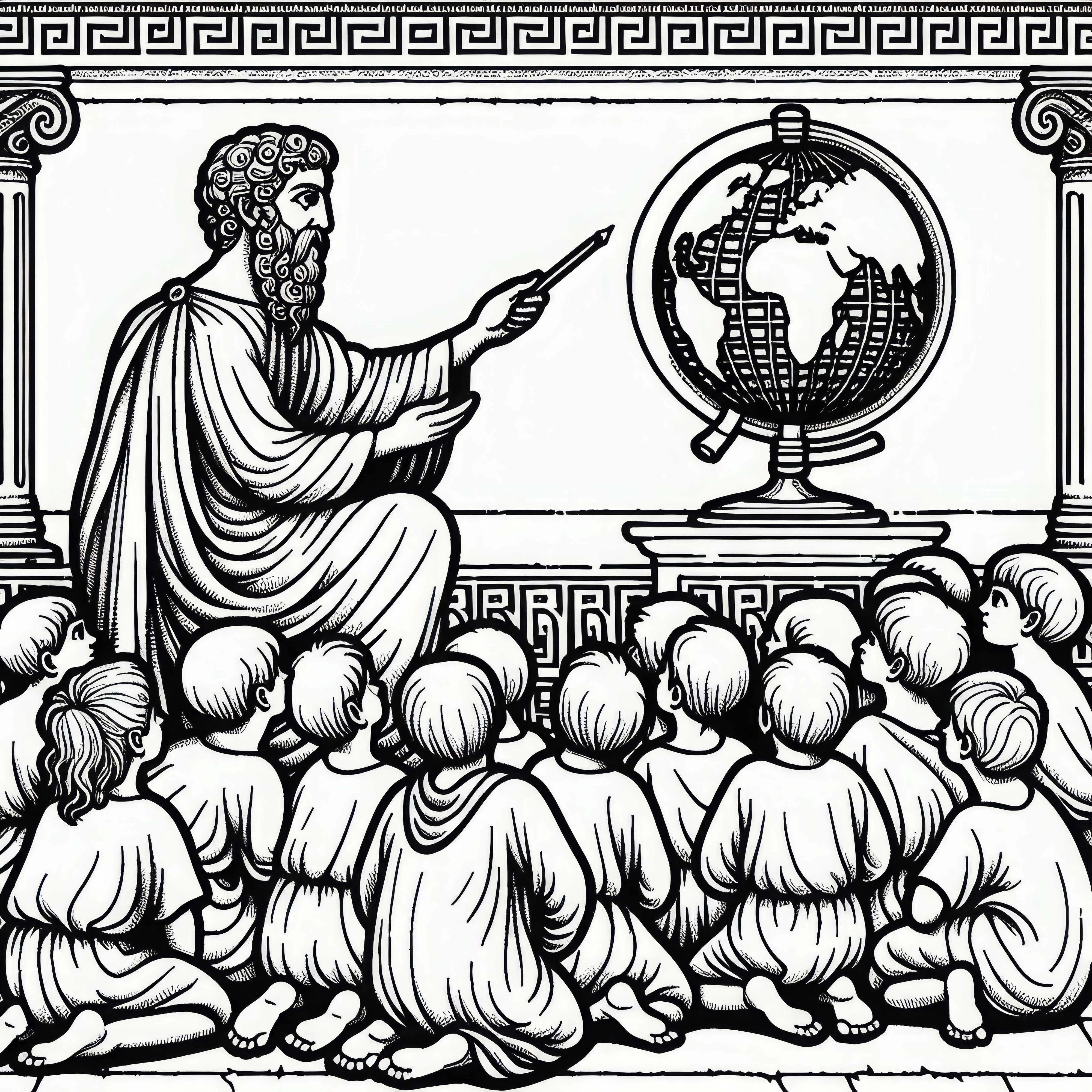 Philosopher explains the worldview to curious children using a globe – Coloring page Ancient Greece