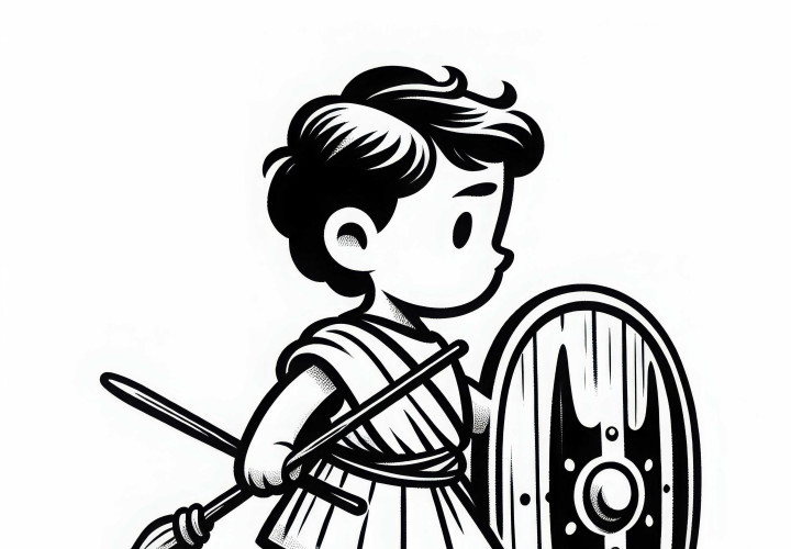 Roman child practicing marching with wooden shield and stick - coloring template from the Roman Empire free of charge