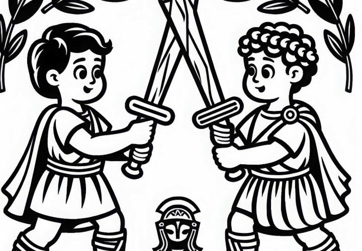 Two children are playing gladiator fight with wooden swords Coloring page Roman Empire free