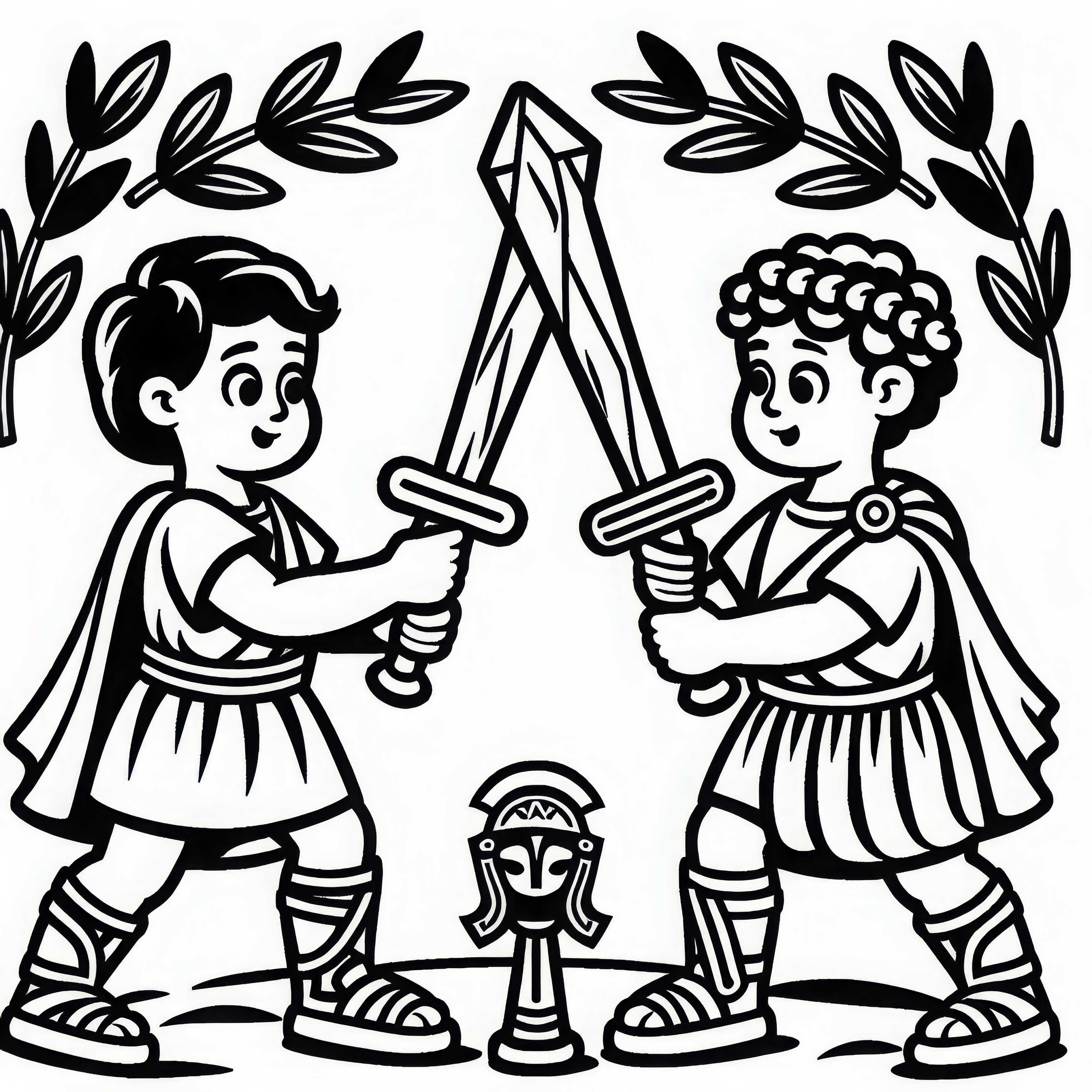 Two children are playing gladiator battles with wooden swords Coloring page Roman Empire free Two children are playing gladiator combat with wooden swords Coloring page Roman Empire free