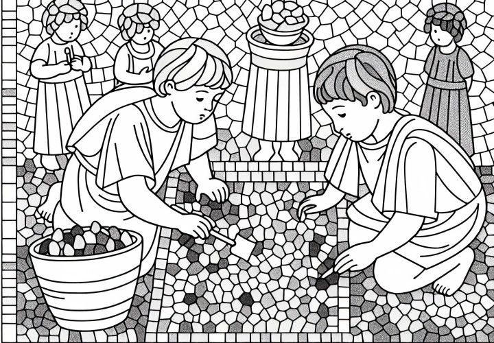 Children create mosaics with small stones – Free coloring page Roman Empire