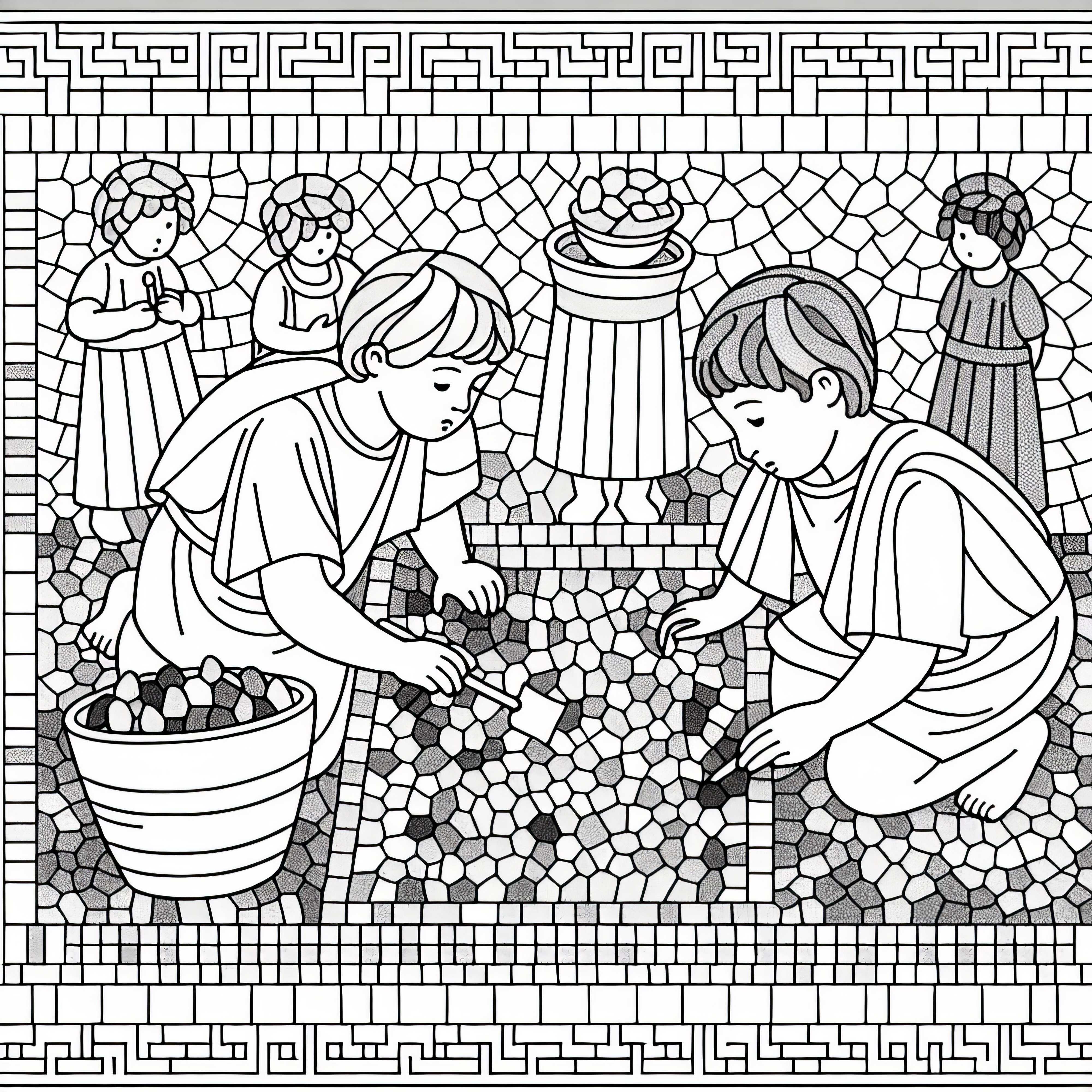 Children create a mosaic with small stones – Coloring template Roman Empire free Children create mosaics with small stones – Free coloring page Roman Empire