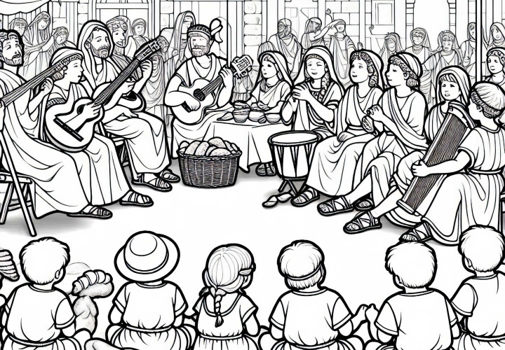 Children sitting at the street festival with musicians – Free coloring page Roman Empire