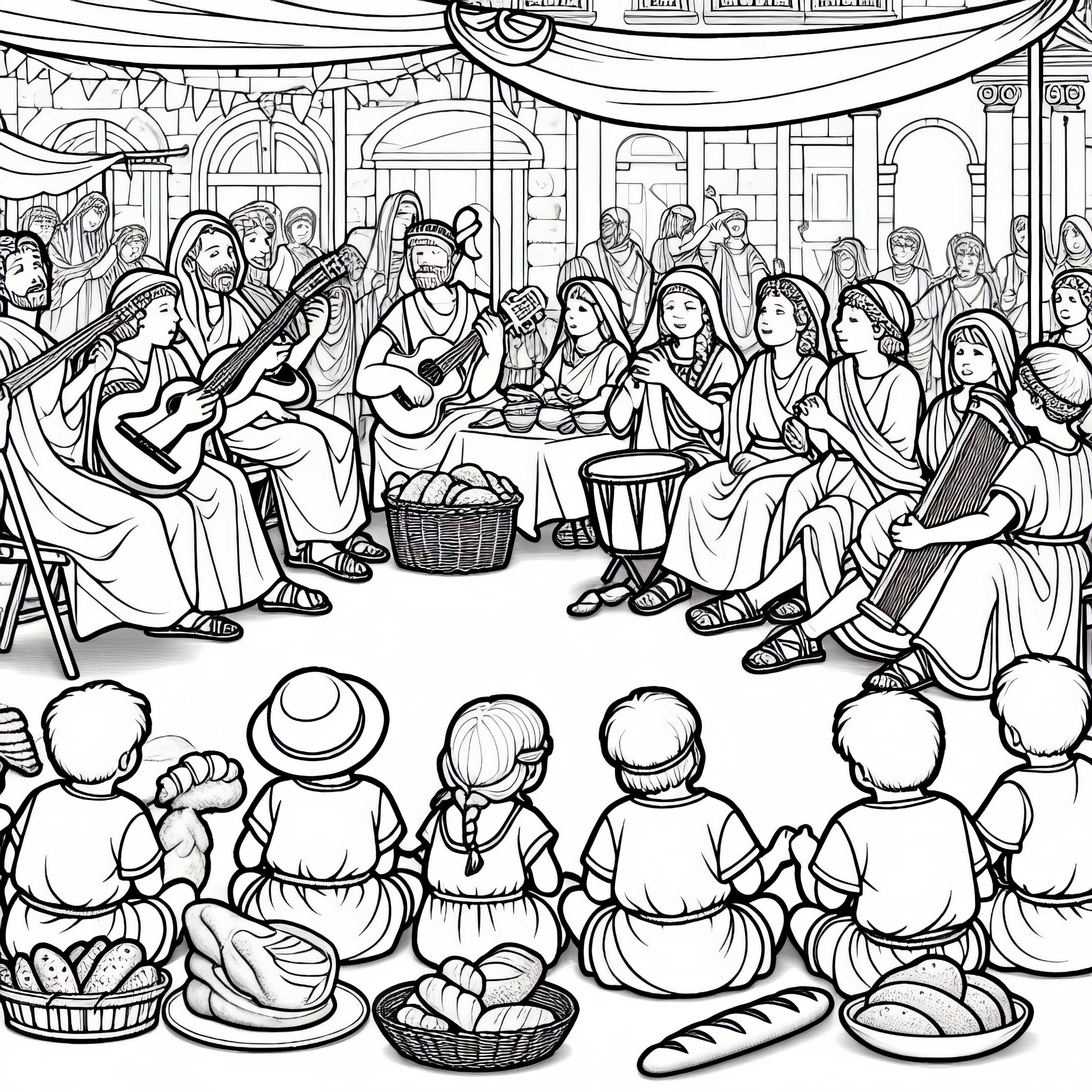 Children sit at the street festival with musicians – Coloring page Roman Empire free Children sitting at the street festival with musicians – Free coloring page Roman Empire
