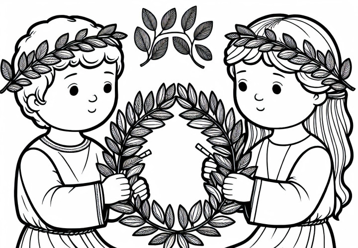 Two children are crafting laurel wreaths from leaves – Coloring page Roman Empire free