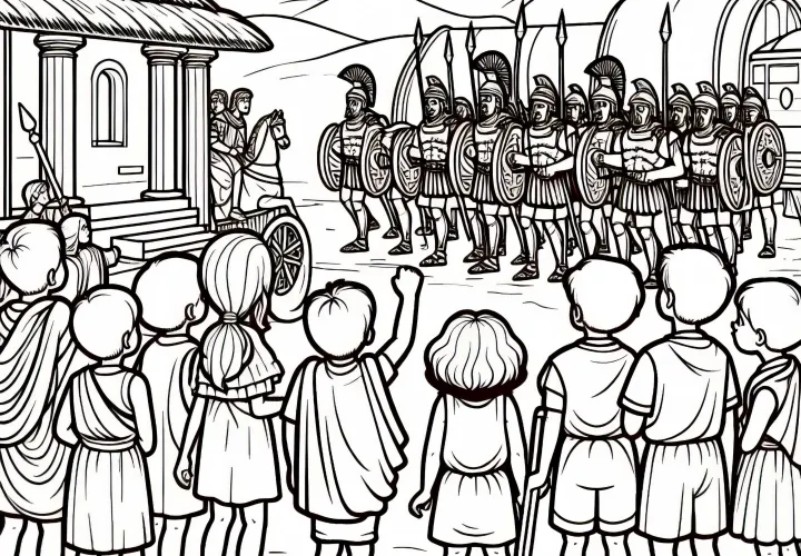 Дети наблюдают за тренировкой римских легионеров. Раскраска Римская империя бесплатно