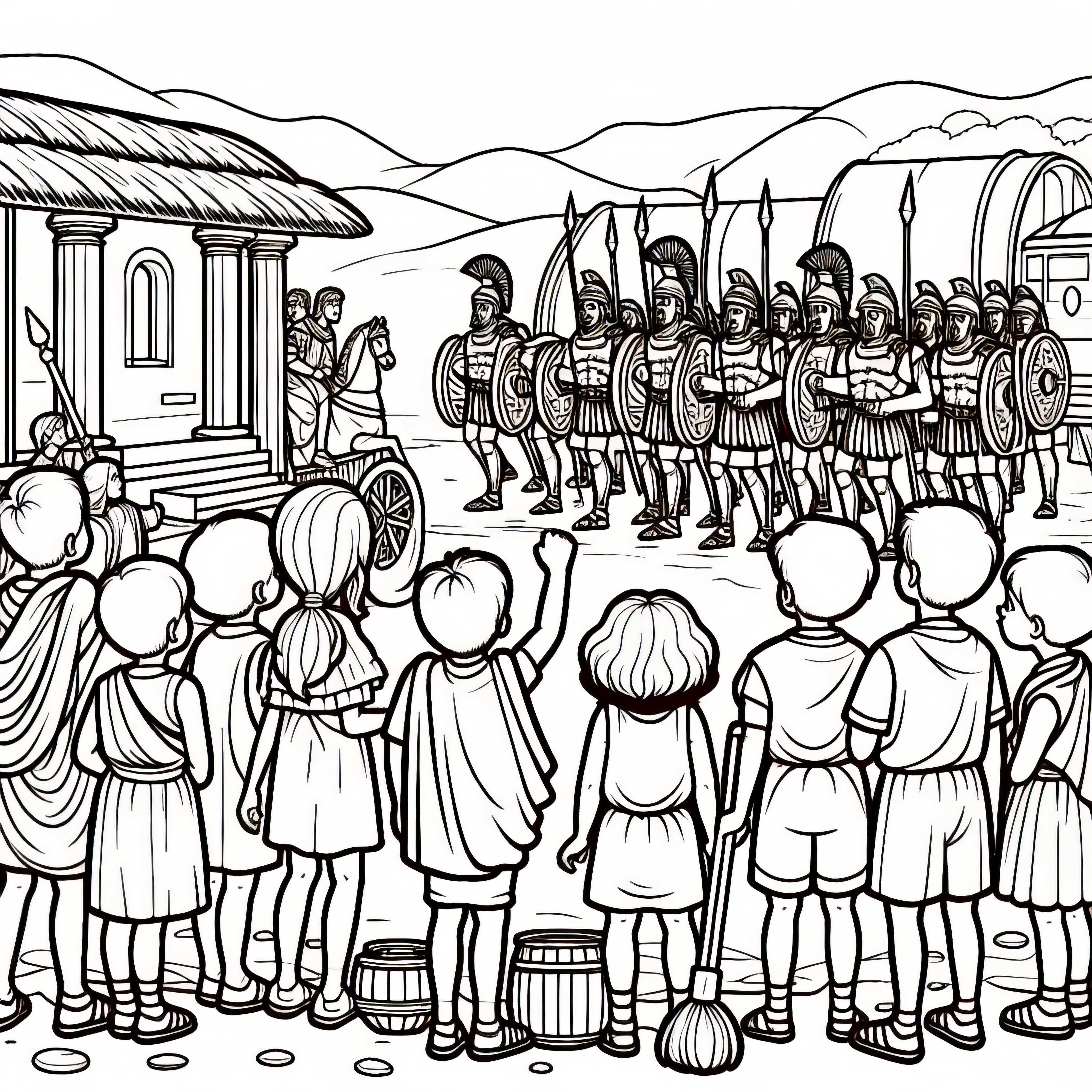 Children watch Roman legionaries training - Free coloring page Roman Empire