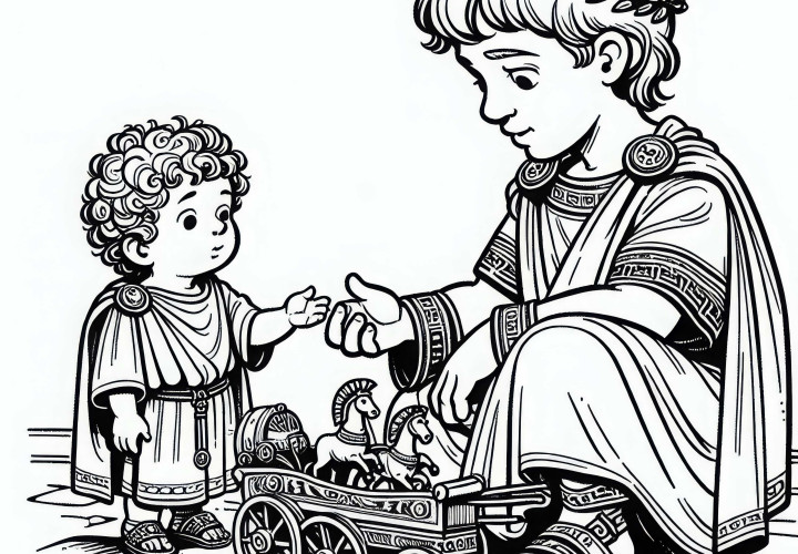 Child admires chariot model coloring page Roman Empire free