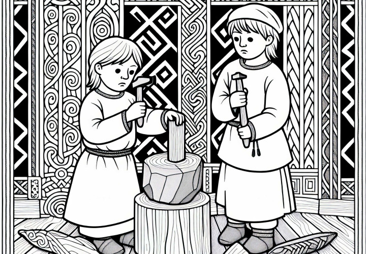 Двое детей вырезают руны на дереве Раскраска германцев бесплатно