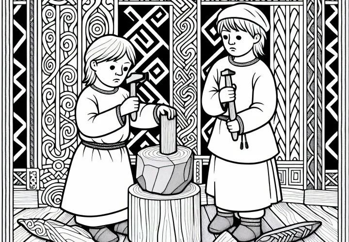 Двое детей вырезают руны на дереве Раскраска германцев бесплатно